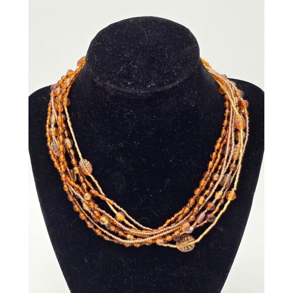 Multi-Strand Amber Glass Beaded 16" Necklace Lobster Claw Clasp Extender - Picture 1 of 9